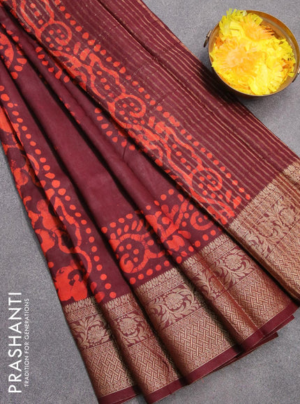 Semi dola saree deep maroon and orange with allover batik prints and kanjivaram style border - {{ collection.title }} by Prashanti Sarees