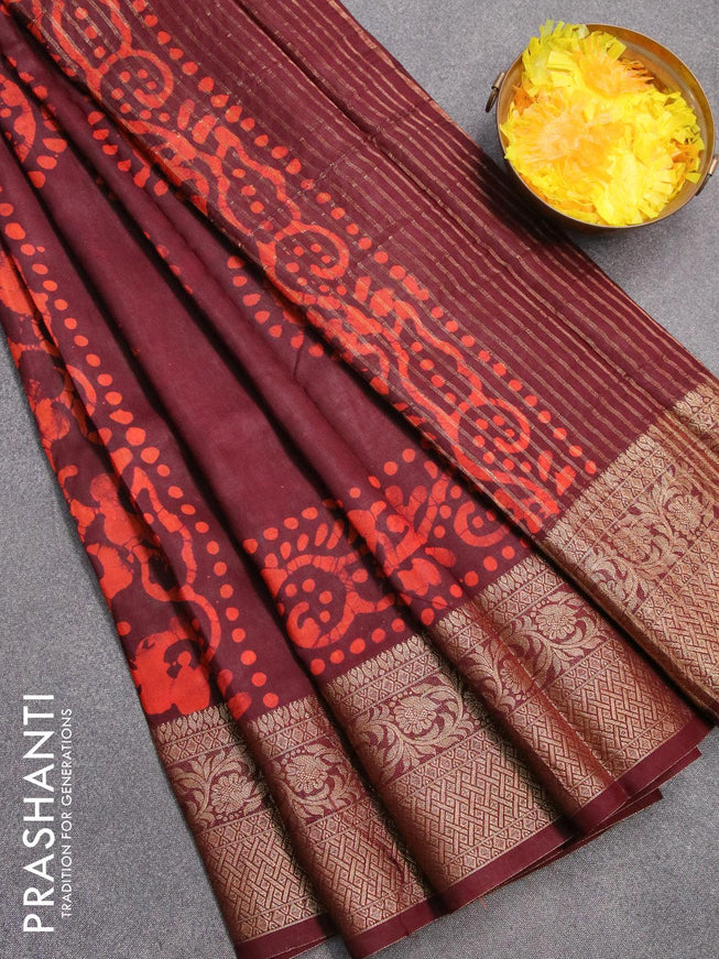 Semi dola saree deep maroon and orange with allover batik prints and kanjivaram style border - {{ collection.title }} by Prashanti Sarees