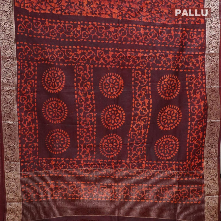 Semi dola saree deep maroon and orange with allover batik prints and kanjivaram style border - {{ collection.title }} by Prashanti Sarees