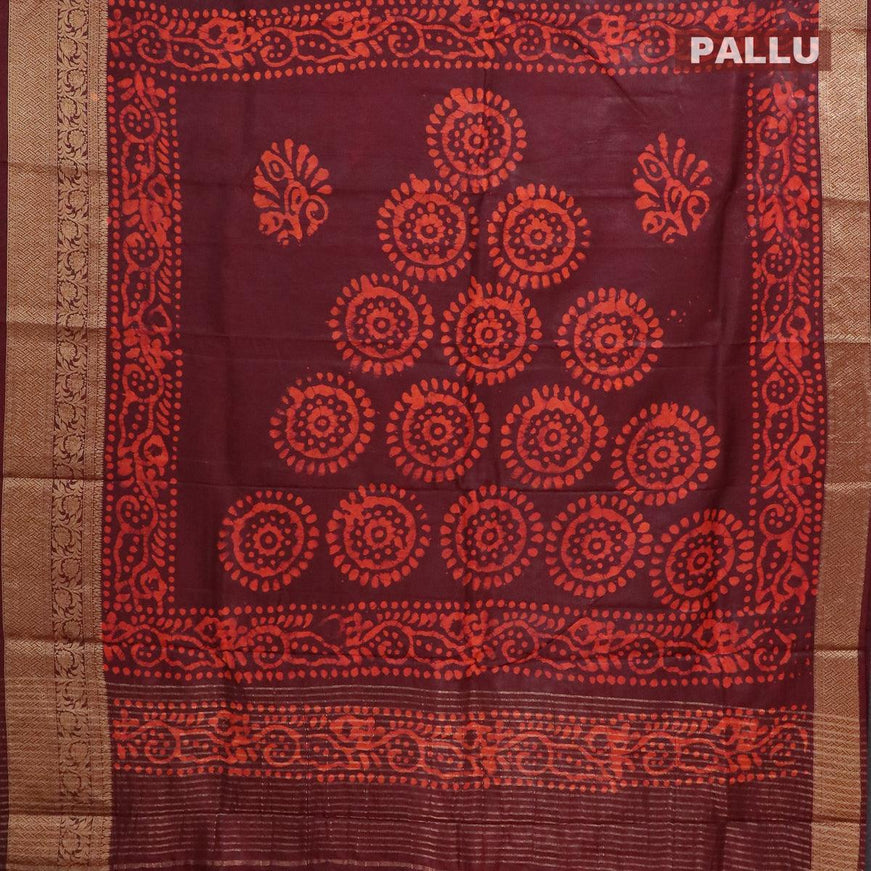 Semi dola saree deep maroon and orange with allover batik prints and kanjivaram style border - {{ collection.title }} by Prashanti Sarees