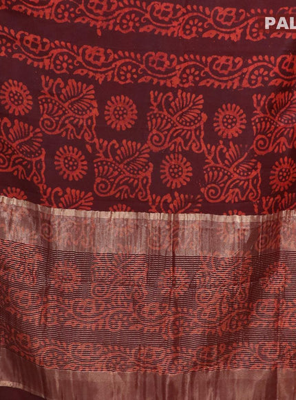 Semi dola saree deep maroon and orange with allover batik prints and kanjivaram style border - {{ collection.title }} by Prashanti Sarees