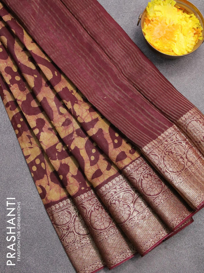 Semi dola saree deep maroon and sandal with allover batik prints and kanjivaram style border - {{ collection.title }} by Prashanti Sarees