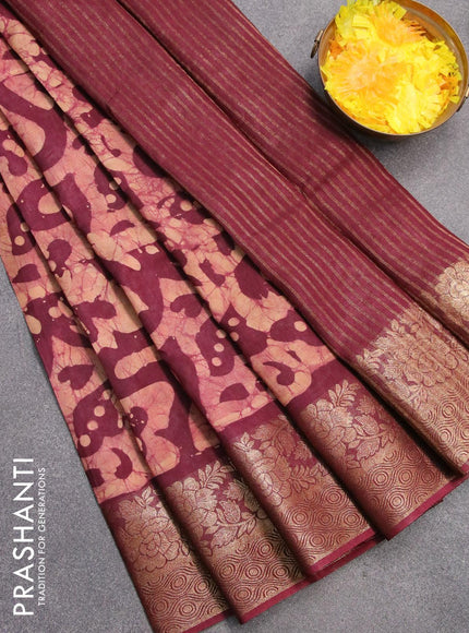 Semi dola saree deep maroon and sandal with allover batik prints and kanjivaram style border - {{ collection.title }} by Prashanti Sarees