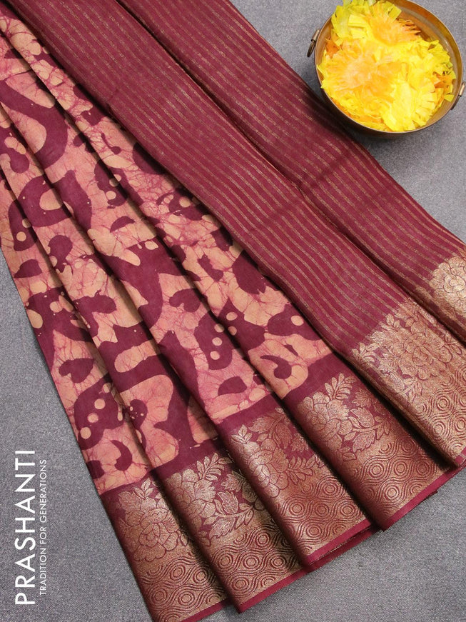 Semi dola saree deep maroon and sandal with allover batik prints and kanjivaram style border - {{ collection.title }} by Prashanti Sarees