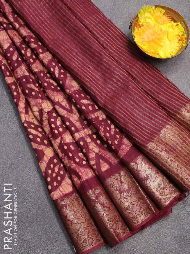 Semi dola saree deep maroon and sandal with allover batik prints and kanjivaram style border - {{ collection.title }} by Prashanti Sarees