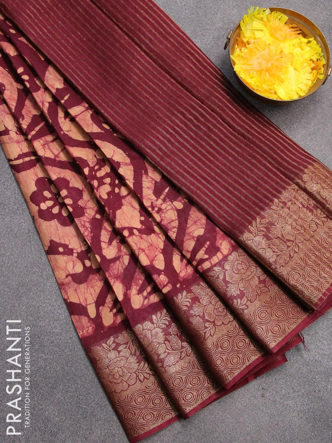 Semi dola saree deep maroon and sandal with allover batik prints and kanjivaram style border - {{ collection.title }} by Prashanti Sarees