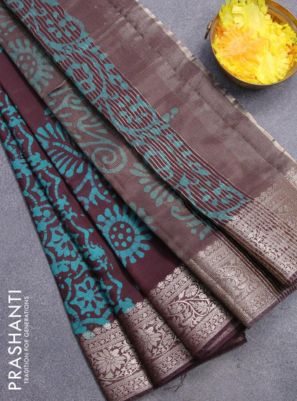 Semi dola saree deep maroon and teal shade with allover batik prints and kanjivaram style border - {{ collection.title }} by Prashanti Sarees