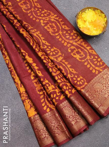 Semi dola saree deep maroon and yellow with allover batik prints and kanjivaram style border - {{ collection.title }} by Prashanti Sarees