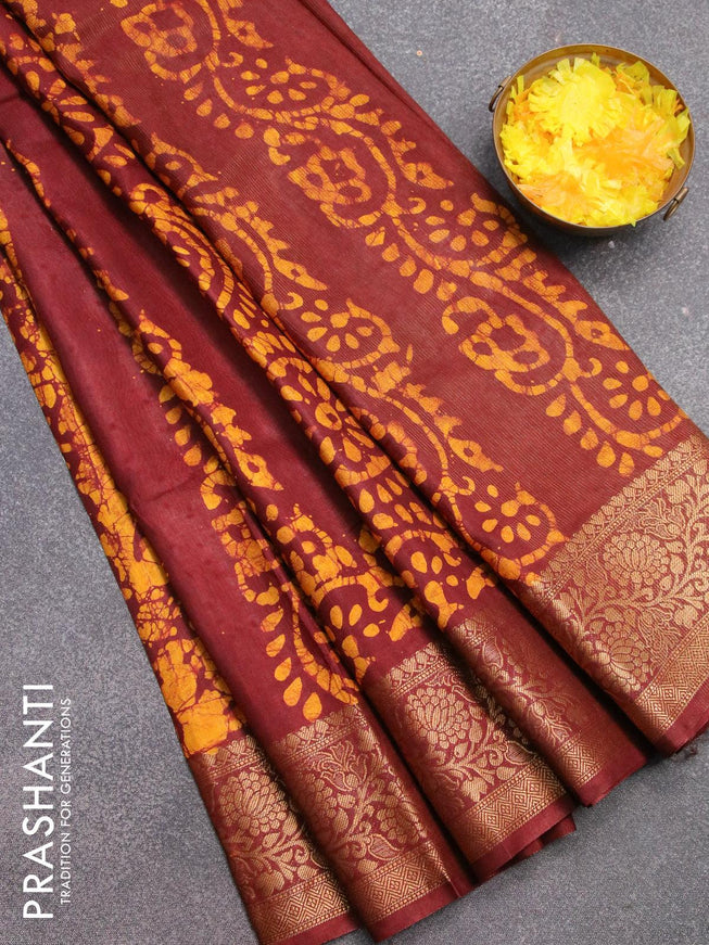 Semi dola saree deep maroon and yellow with allover batik prints and kanjivaram style border - {{ collection.title }} by Prashanti Sarees