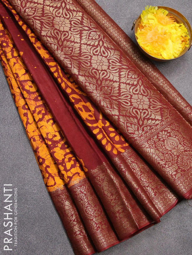 Semi dola saree deep maroon and yellow with allover batik prints and kanjivaram style border - {{ collection.title }} by Prashanti Sarees