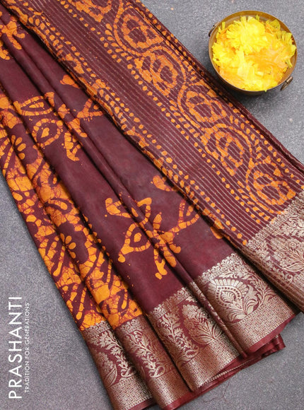 Semi dola saree deep maroon and yellow with allover batik prints and kanjivaram style border - {{ collection.title }} by Prashanti Sarees