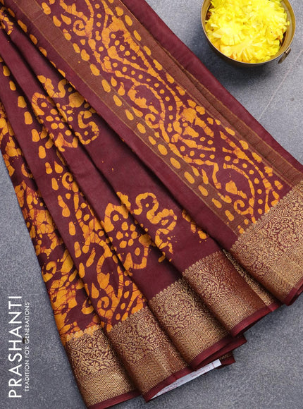 Semi dola saree deep maroon and yellow with allover batik prints and kanjivaram style border - {{ collection.title }} by Prashanti Sarees