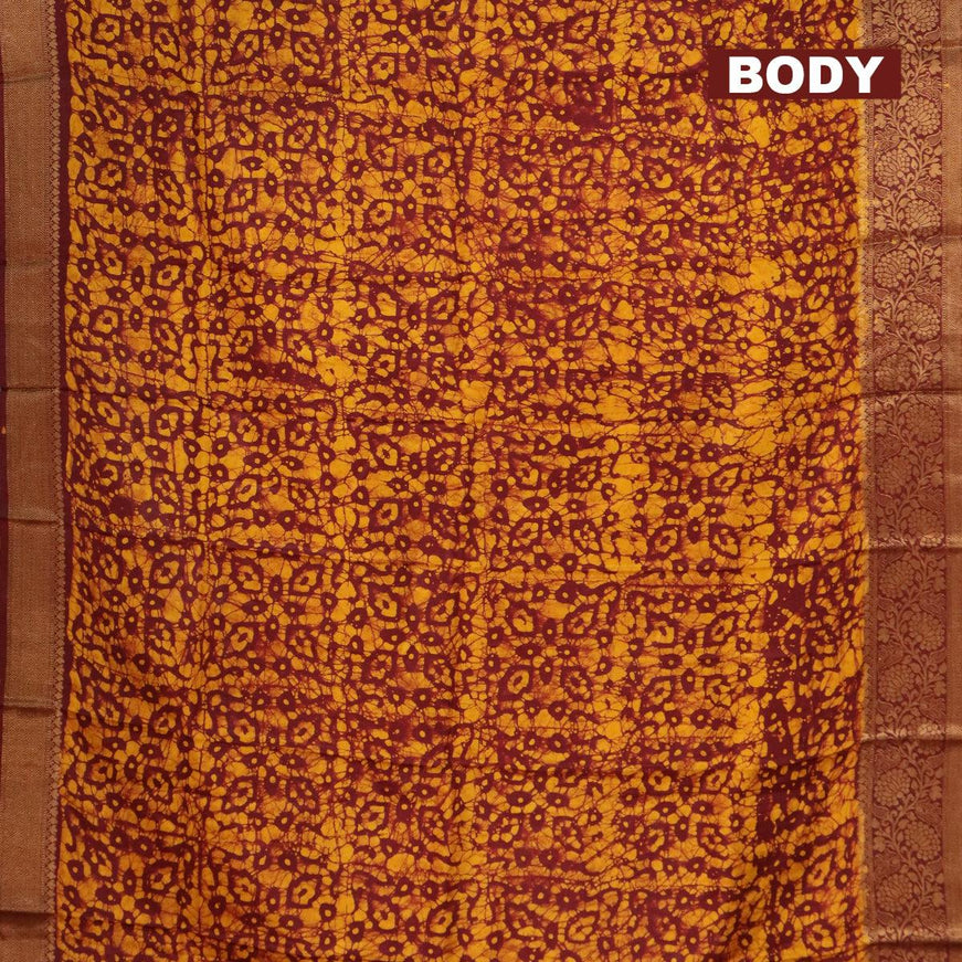 Semi dola saree deep maroon and yellow with allover batik prints and kanjivaram style border - {{ collection.title }} by Prashanti Sarees