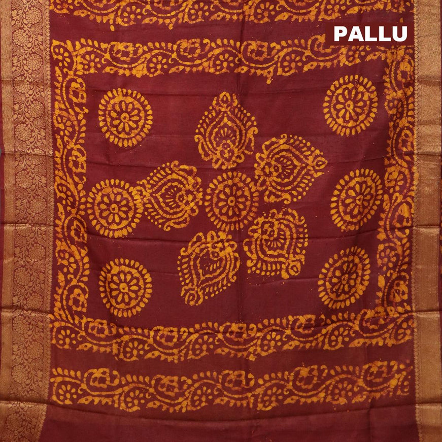 Semi dola saree deep maroon and yellow with allover batik prints and kanjivaram style border - {{ collection.title }} by Prashanti Sarees