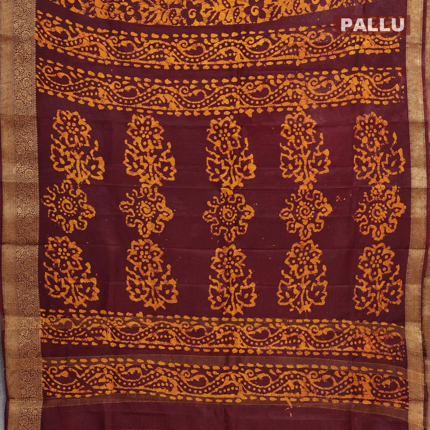 Semi dola saree deep maroon and yellow with allover batik prints and kanjivaram style border - {{ collection.title }} by Prashanti Sarees