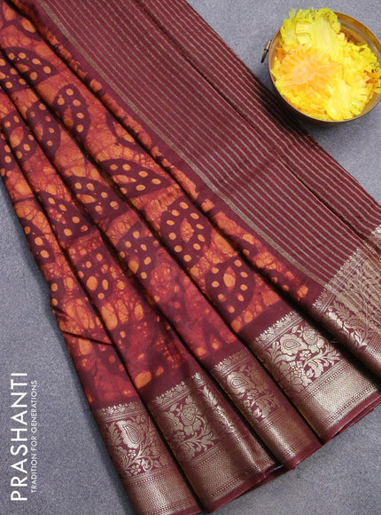 Semi dola saree deep maroon with allover batik prints and kanjivaram style border - {{ collection.title }} by Prashanti Sarees