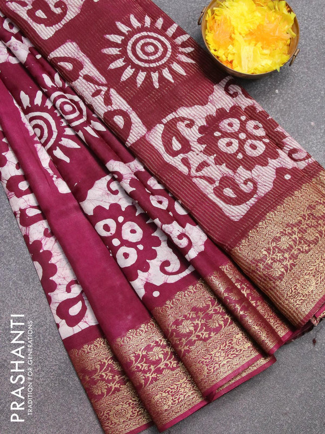 Semi dola saree deep purple and off white with allover batik prints and kanjivaram style border - {{ collection.title }} by Prashanti Sarees