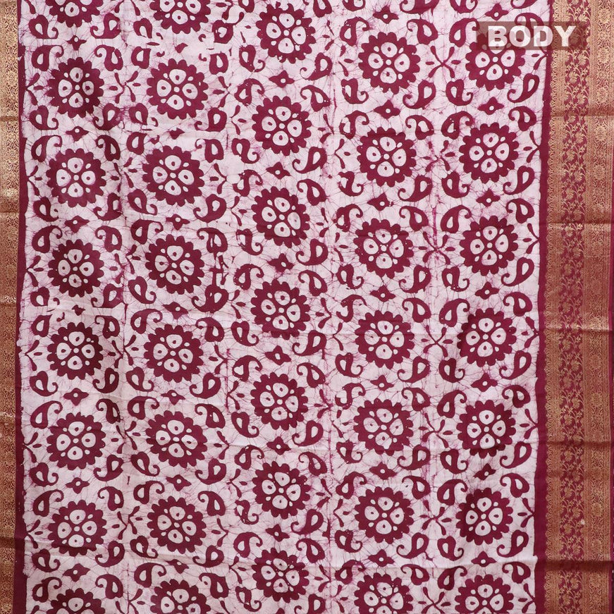 Semi dola saree deep purple and off white with allover batik prints and kanjivaram style border - {{ collection.title }} by Prashanti Sarees