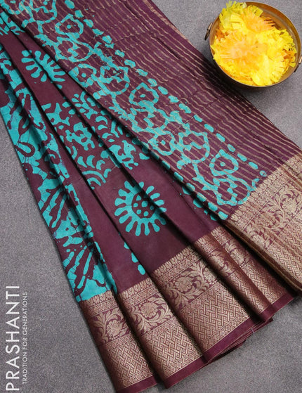 Semi dola saree deep wine shade and teal blue with allover batik prints and kanjivaram style border - {{ collection.title }} by Prashanti Sarees