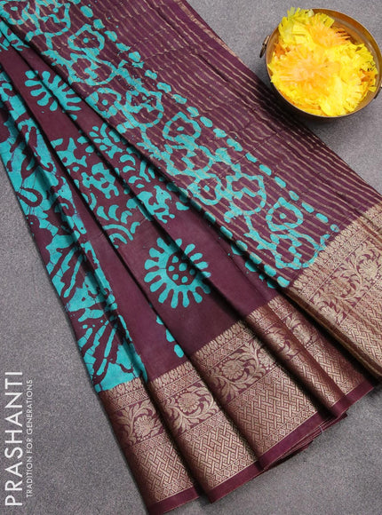 Semi dola saree deep wine shade and teal blue with allover batik prints and kanjivaram style border - {{ collection.title }} by Prashanti Sarees