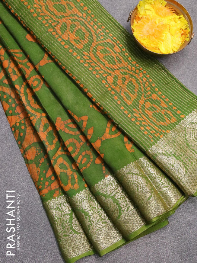 Semi dola saree green and mustard yellow with allover batik prints and kanjivaram style border - {{ collection.title }} by Prashanti Sarees