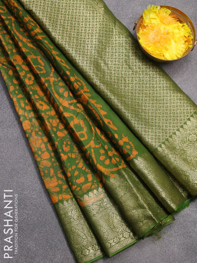 Semi dola saree green and mustard yellow with allover batik prints and kanjivaram style border - {{ collection.title }} by Prashanti Sarees