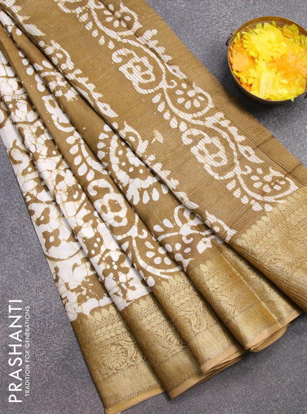 Semi dola saree green shade and off white with allover batik prints and kanjivaram style border - {{ collection.title }} by Prashanti Sarees