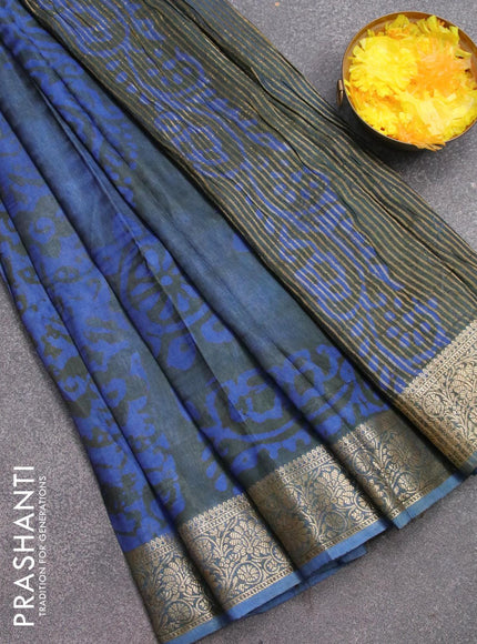 Semi dola saree greyish green and blue with allover batik prints and kanjivaram style border - {{ collection.title }} by Prashanti Sarees