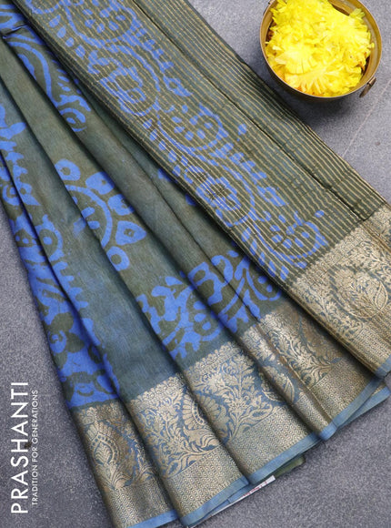 Semi dola saree greyish green and blue with allover batik prints and kanjivaram style border - {{ collection.title }} by Prashanti Sarees