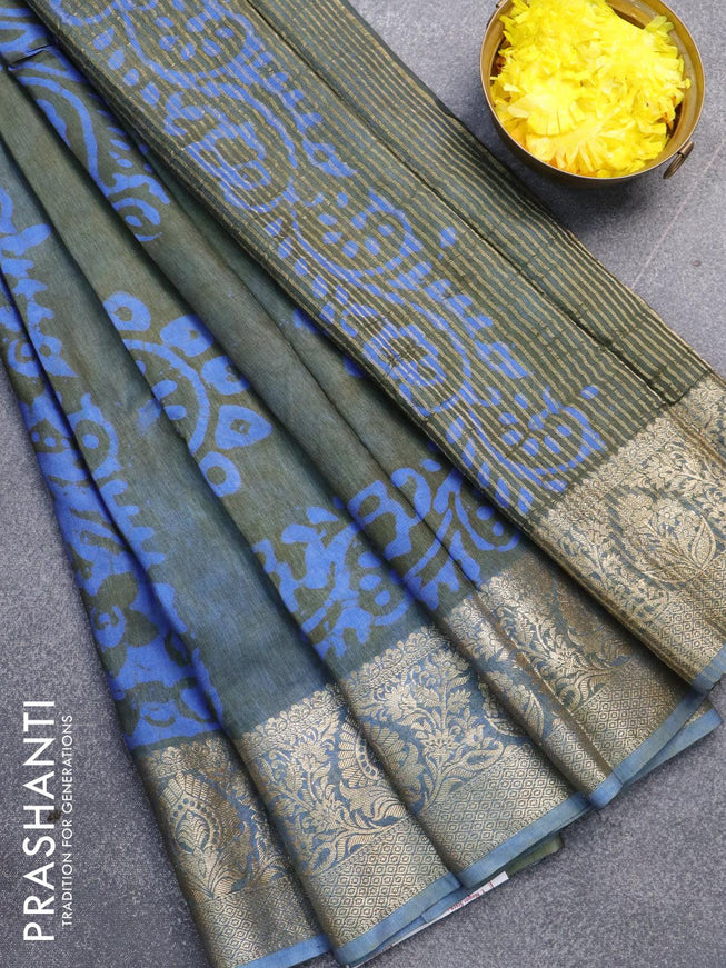 Semi dola saree greyish green and blue with allover batik prints and kanjivaram style border - {{ collection.title }} by Prashanti Sarees