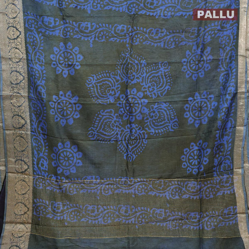 Semi dola saree greyish green and blue with allover batik prints and kanjivaram style border - {{ collection.title }} by Prashanti Sarees