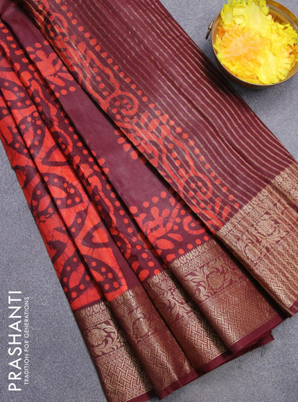 Semi dola saree maroon and orange with allover batik prints and kanjivaram style border - {{ collection.title }} by Prashanti Sarees