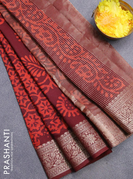 Semi dola saree maroon and orange with allover batik prints and kanjivaram style border - {{ collection.title }} by Prashanti Sarees