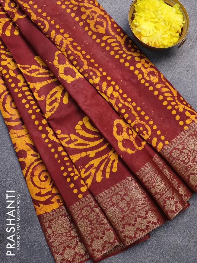 Semi dola saree maroon and yellow with allover batik prints and kanjivaram style border - {{ collection.title }} by Prashanti Sarees