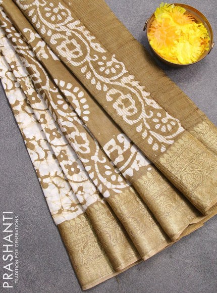 Semi dola saree mehendi green and off white with allover batik prints and kanjivaram style border - {{ collection.title }} by Prashanti Sarees