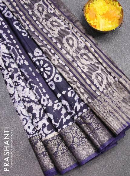 Semi dola saree navy blue and off white with allover batik prints and kanjivaram style border - {{ collection.title }} by Prashanti Sarees