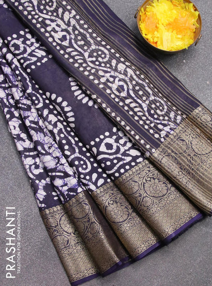 Semi dola saree navy blue and off white with allover batik prints and kanjivaram style border - {{ collection.title }} by Prashanti Sarees