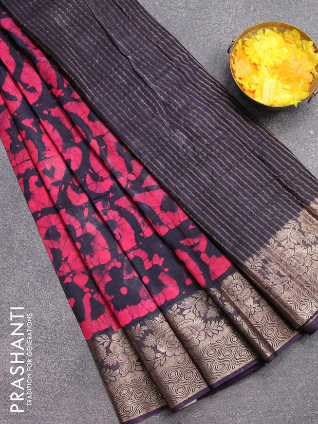 Semi dola saree navy blue and pink with allover batik prints and kanjivaram style border - {{ collection.title }} by Prashanti Sarees