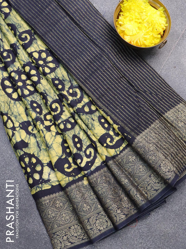 Semi dola saree peacock blue and yellow with allover batik prints and kanjivaram style border - {{ collection.title }} by Prashanti Sarees