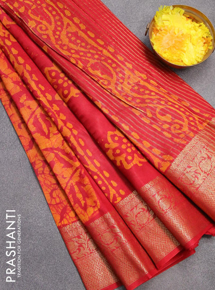 Semi dola saree red and mustard yellow with allover batik prints and kanjivaram style border - {{ collection.title }} by Prashanti Sarees