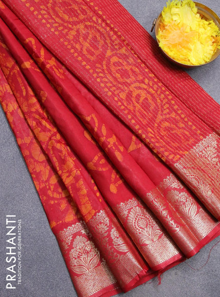 Semi dola saree red and mustard yellow with allover batik prints and kanjivaram style border - {{ collection.title }} by Prashanti Sarees