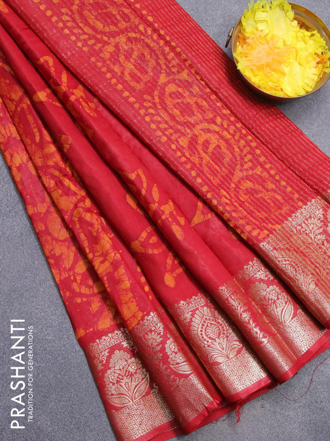 Semi dola saree red and mustard yellow with allover batik prints and kanjivaram style border - {{ collection.title }} by Prashanti Sarees