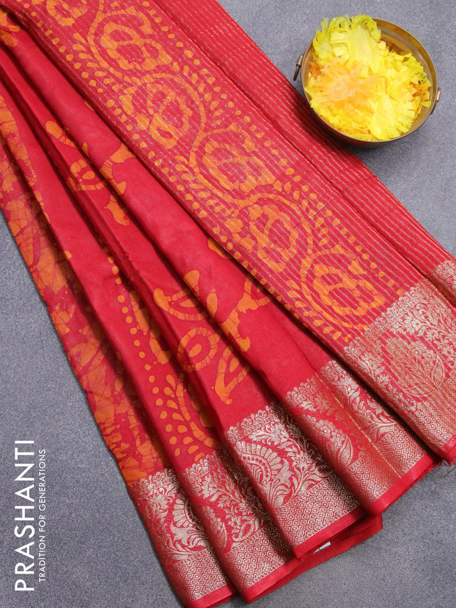 Semi dola saree red and mustard yellow with allover batik prints and kanjivaram style border - {{ collection.title }} by Prashanti Sarees