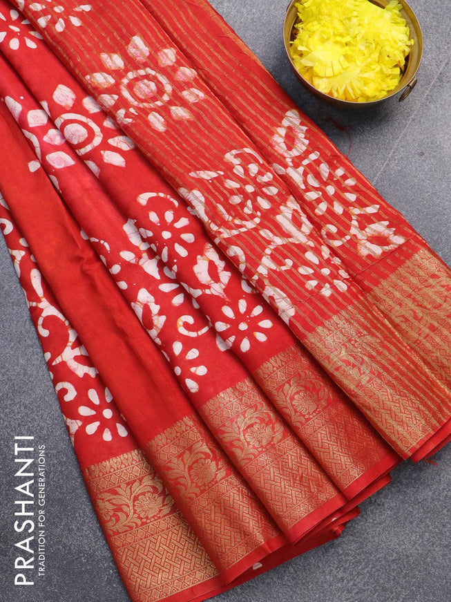 Semi dola saree red and off white with allover batik prints and kanjivaram style border - {{ collection.title }} by Prashanti Sarees