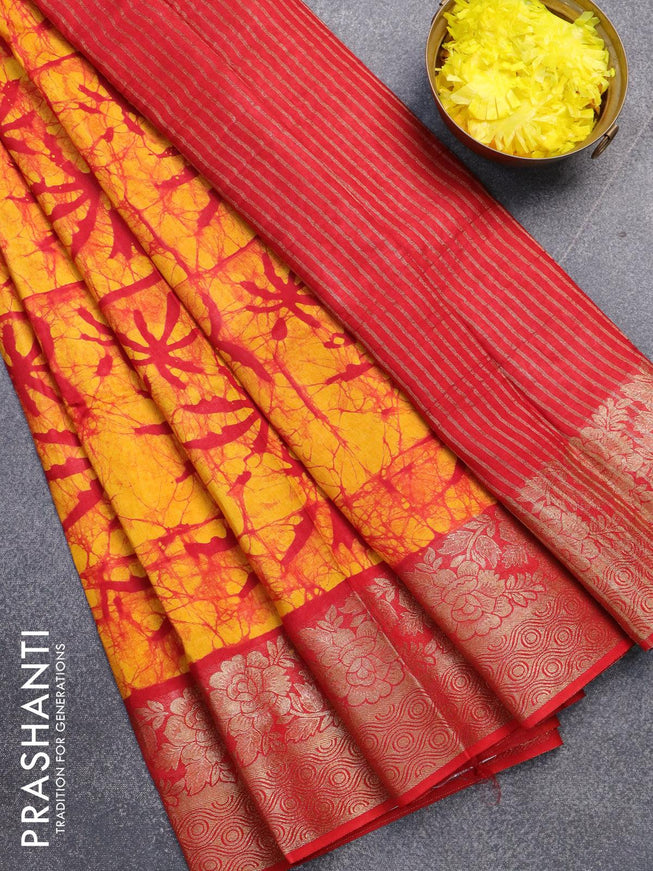 Semi dola saree red and yellow with allover batik prints and kanjivaram style border - {{ collection.title }} by Prashanti Sarees