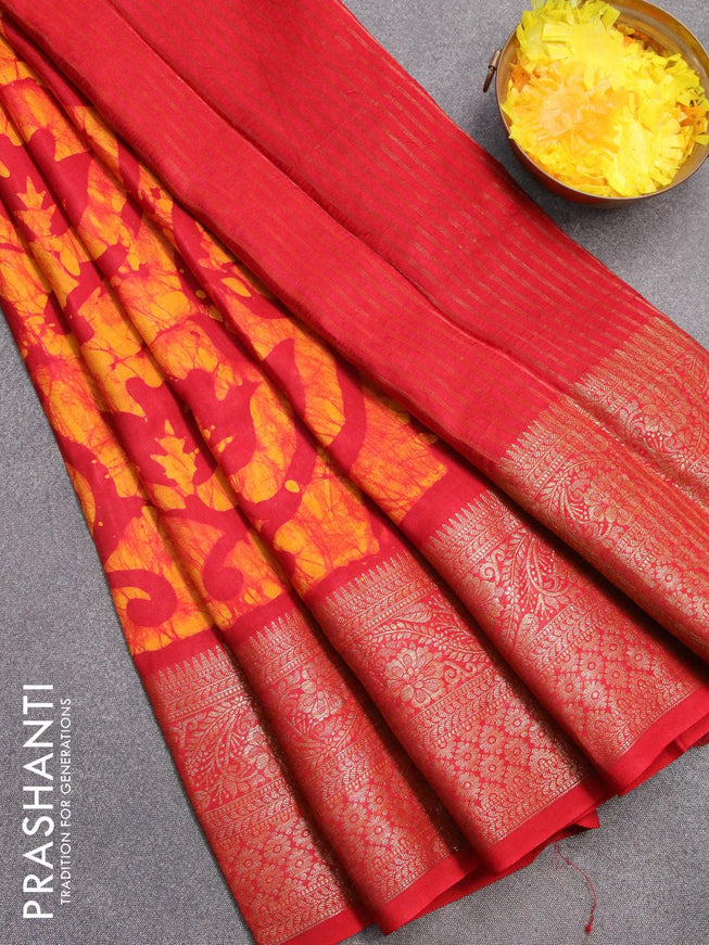 Semi dola saree red and yellow with allover batik prints and kanjivaram style border - {{ collection.title }} by Prashanti Sarees