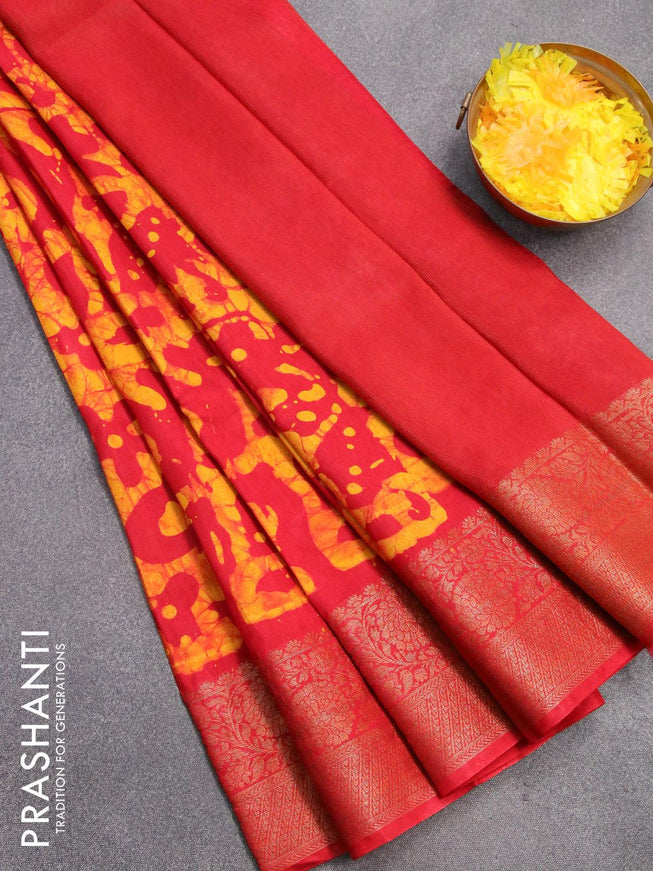 Semi dola saree red and yellow with allover batik prints and kanjivaram style border - {{ collection.title }} by Prashanti Sarees