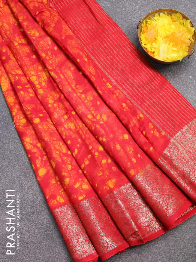 Semi dola saree red and yellow with allover batik prints and kanjivaram style border - {{ collection.title }} by Prashanti Sarees