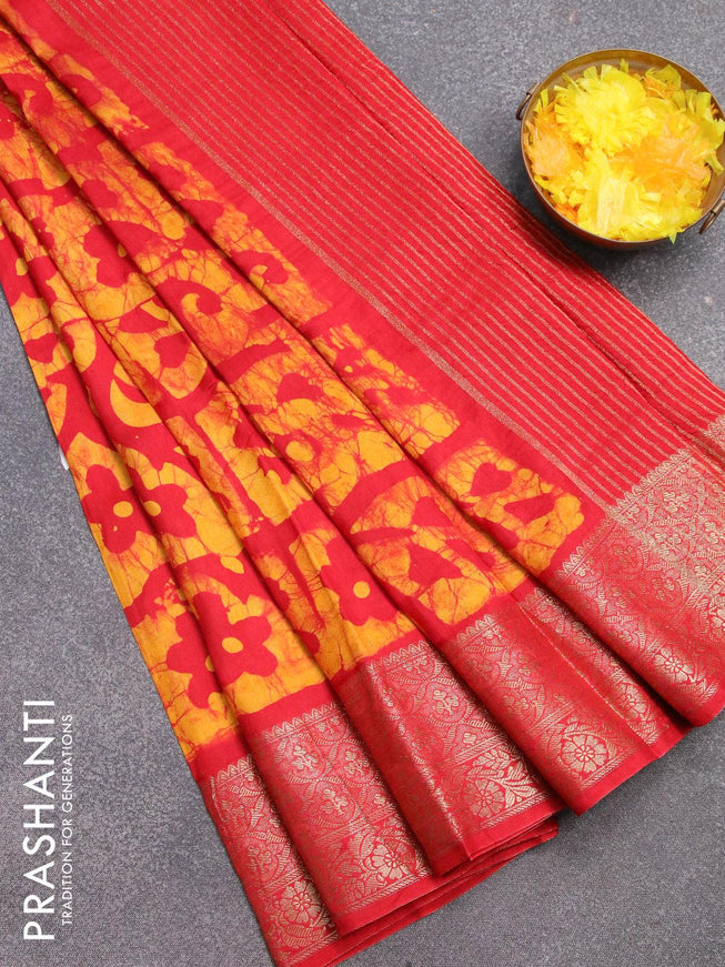 Semi dola saree red and yellow with allover batik prints and kanjivaram style border - {{ collection.title }} by Prashanti Sarees