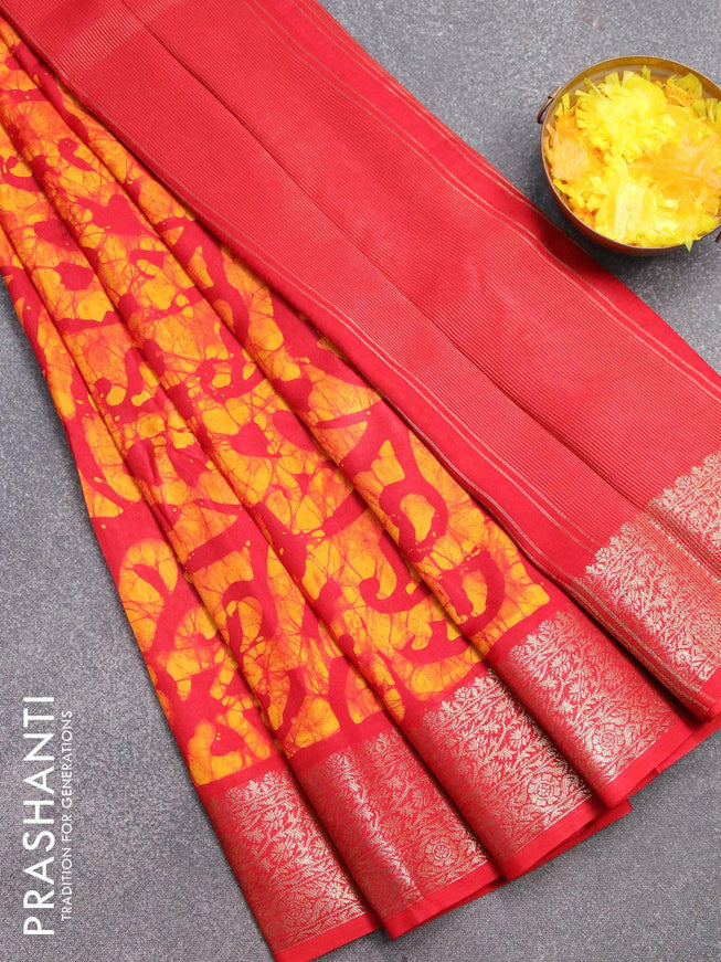 Semi dola saree red and yellow with allover batik prints and kanjivaram style border - {{ collection.title }} by Prashanti Sarees